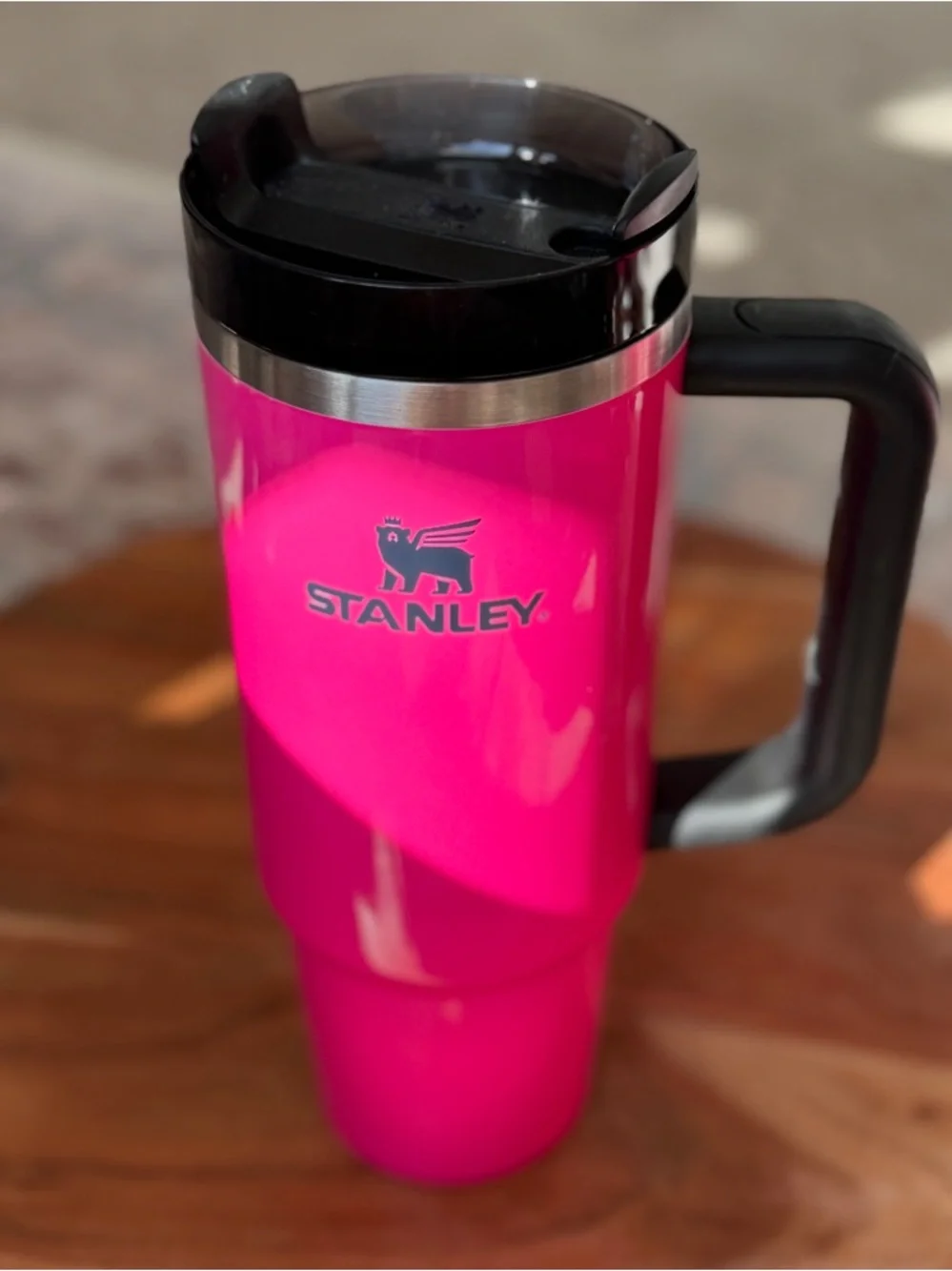 Stanley Bright Pink Travel 30 oz Tumbler with Black Lid and Handle + Pink Straw - Picture 1 of 16